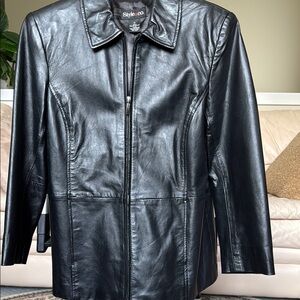 Style & Co Black Genuine Leather Jacket with Traditional Collar